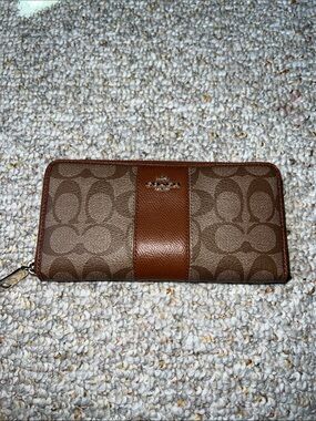 Coach Brown Signature Zip Wallet with Center Leather Stripe